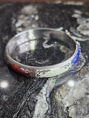 SIAM Sterling Silver and Enamel Hindged Bangle Bracelet (Vintage 1950's)